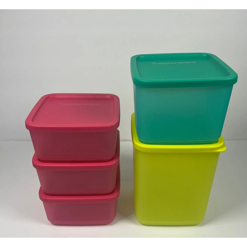 Tupperware Basic Bright Square Storage Container Set 5 Pink Yellow Green